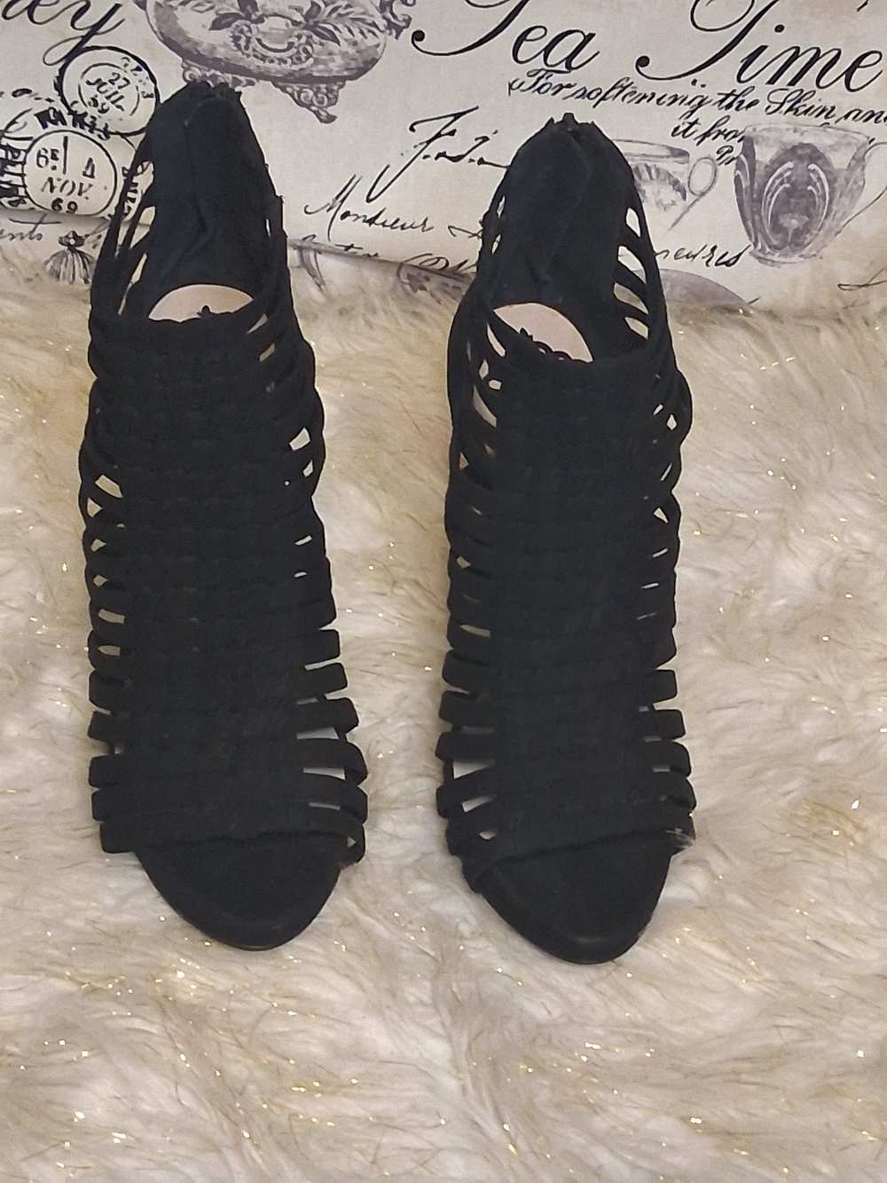 Fergalicious Black Caged Strappy Heels